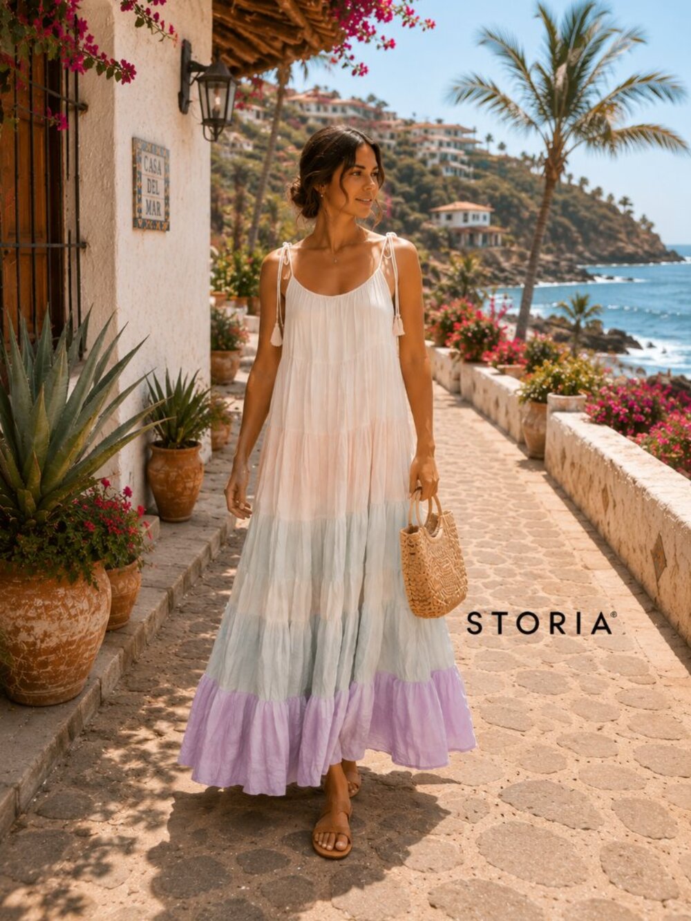 STORIA Tiered Ombré Maxi Dress S Ivory Lavender Boho Tassel Tie Straps